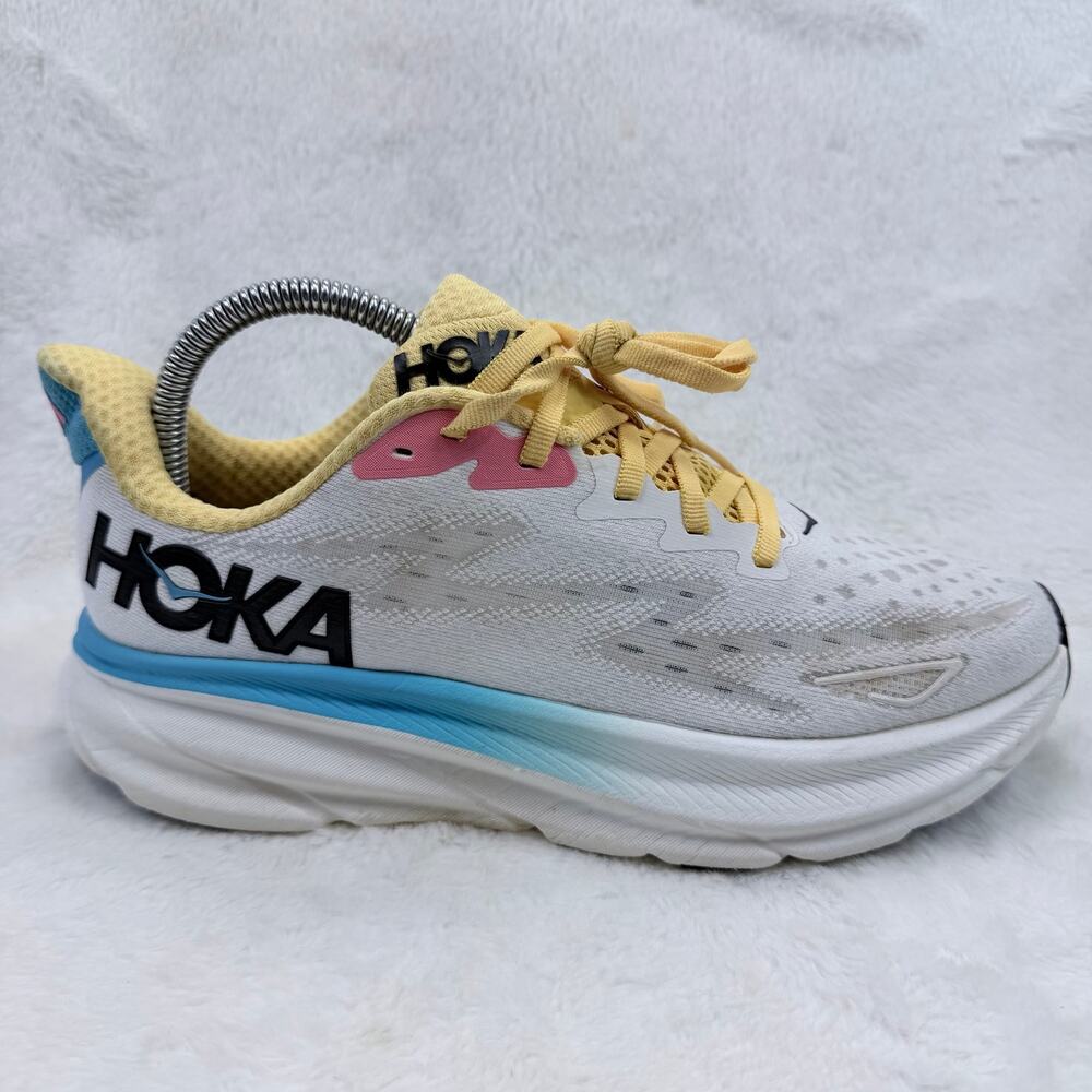 HOKA Clifton 9 Womens Running Shoes White Blue Yellow Size 8 Athletic Sneakers